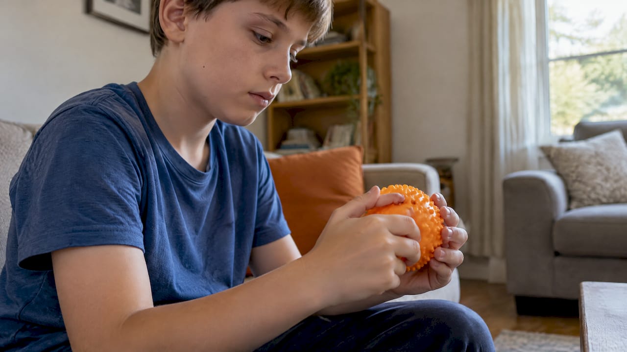 Niño toca y descubre una pelota sensorial