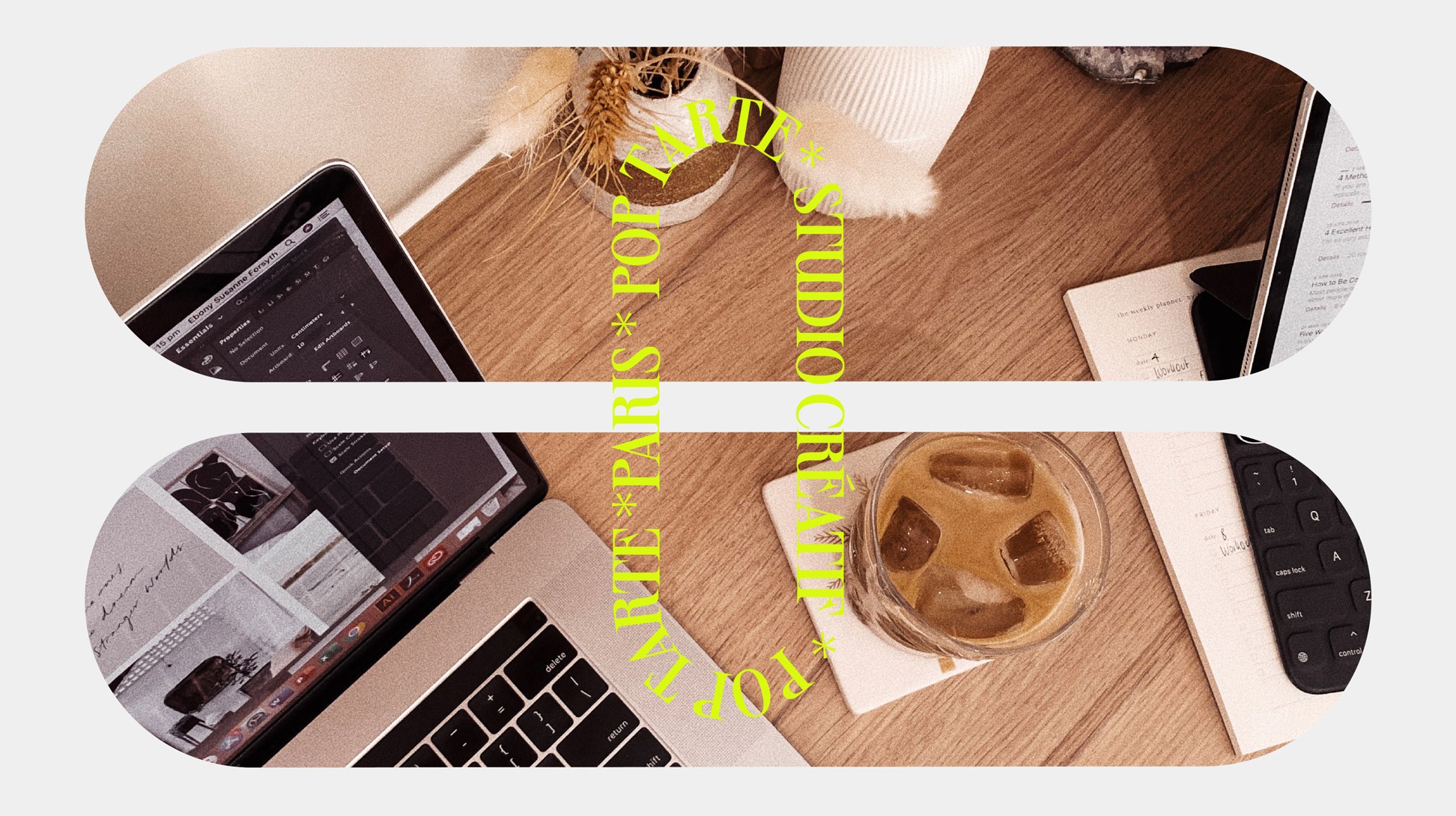Photographie d'un setup de bureau + Capsule textuelle Pop Tarte et slogan.