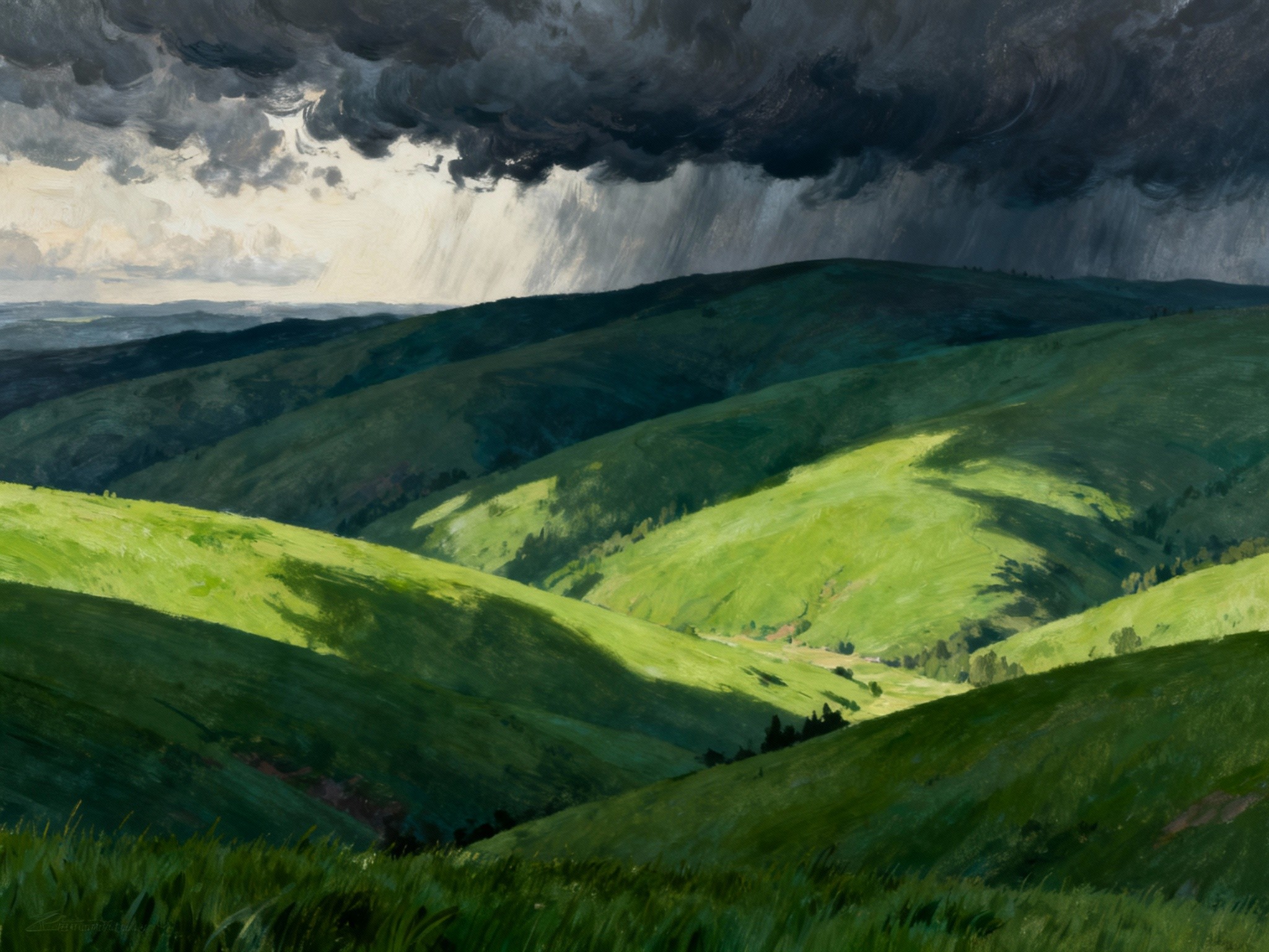 A fine-art illustration-inspired landscape of rolling hills blanketed in hunter green grass under a