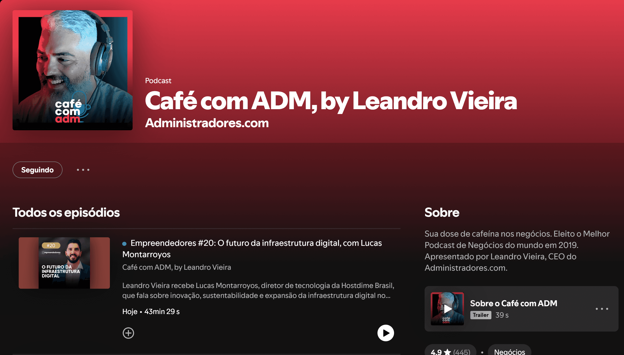 Página do Spotify do podcast Café com ADM