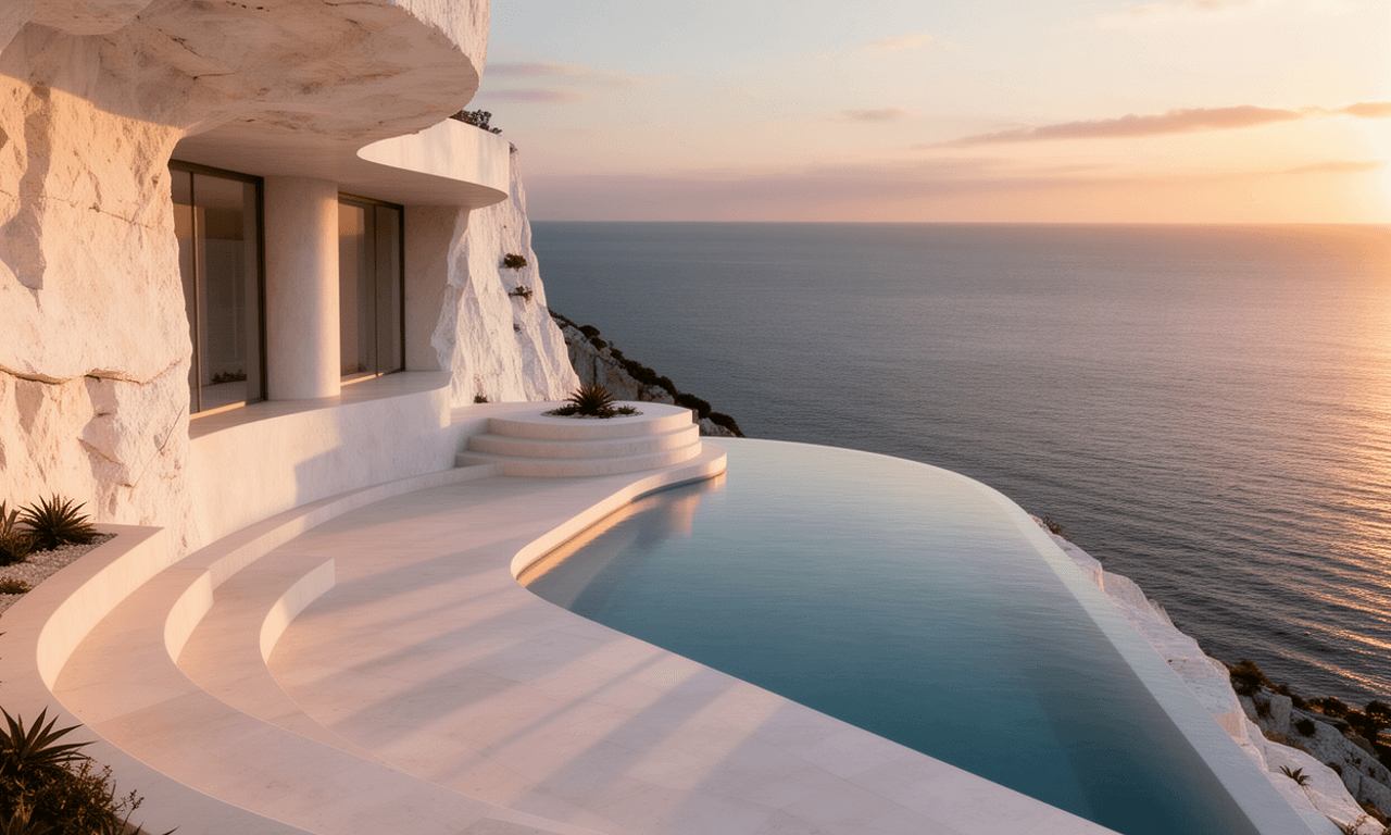 A luxurious cliffside villa with white stone architecture featuring a curved infinity pool overlooking a calm ocean at sunset, with warm golden-pink skies reflected on the water and sparse Mediterranean vegetation in the foreground.