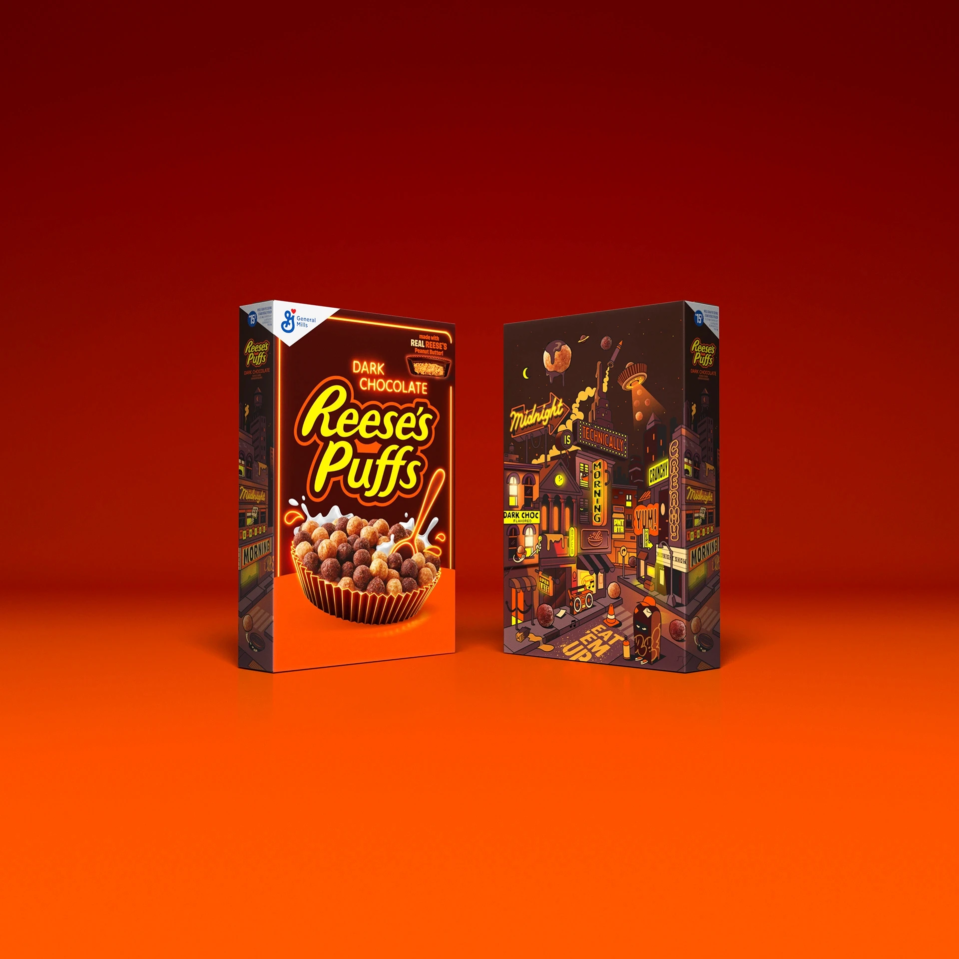 Reese's Puffs Dark Chocolate 3D render, cereal box front and back packaging, orange background