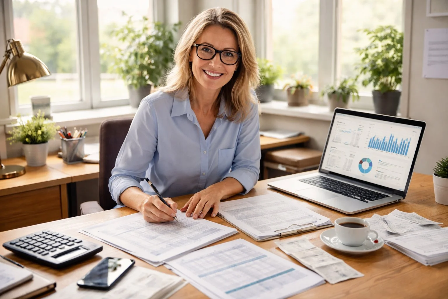 Small business owner in Great Neck Estates, NY, tracking income with spreadsheets, receipts, and a laptop financial dashboard in daylight.