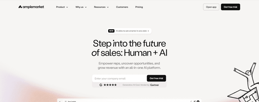 Amplemarket home page for its Duo AI copilot and multichannel outbound platform