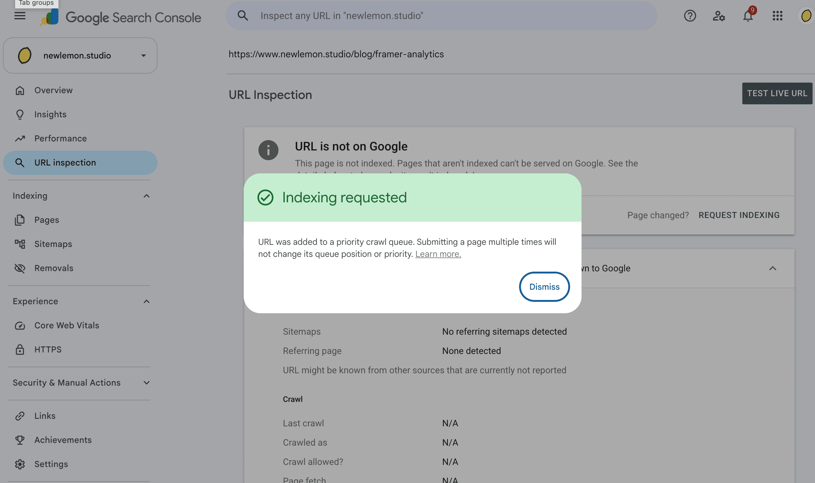 image of inspecting the new URL and request indexing after the updated page and redirect have been published.