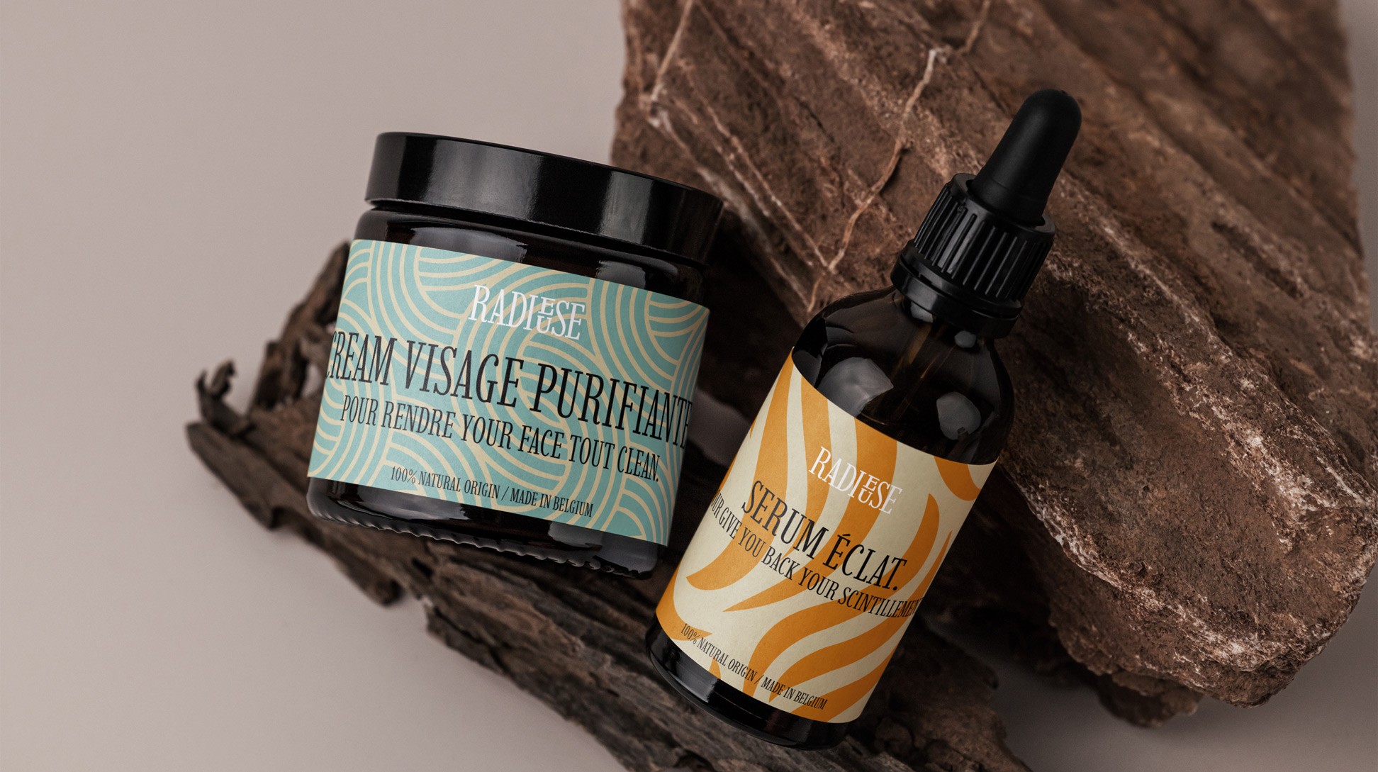 Packagings produits Radieuse : crème visage et Serum éclat.