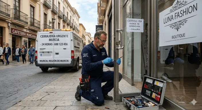 Cerrajero de urgencia del seguro de comercio reparando la cerradura para permitir la apertura de la tienda.