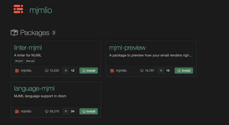 Atom presenting three packages of plug-ins including MJML