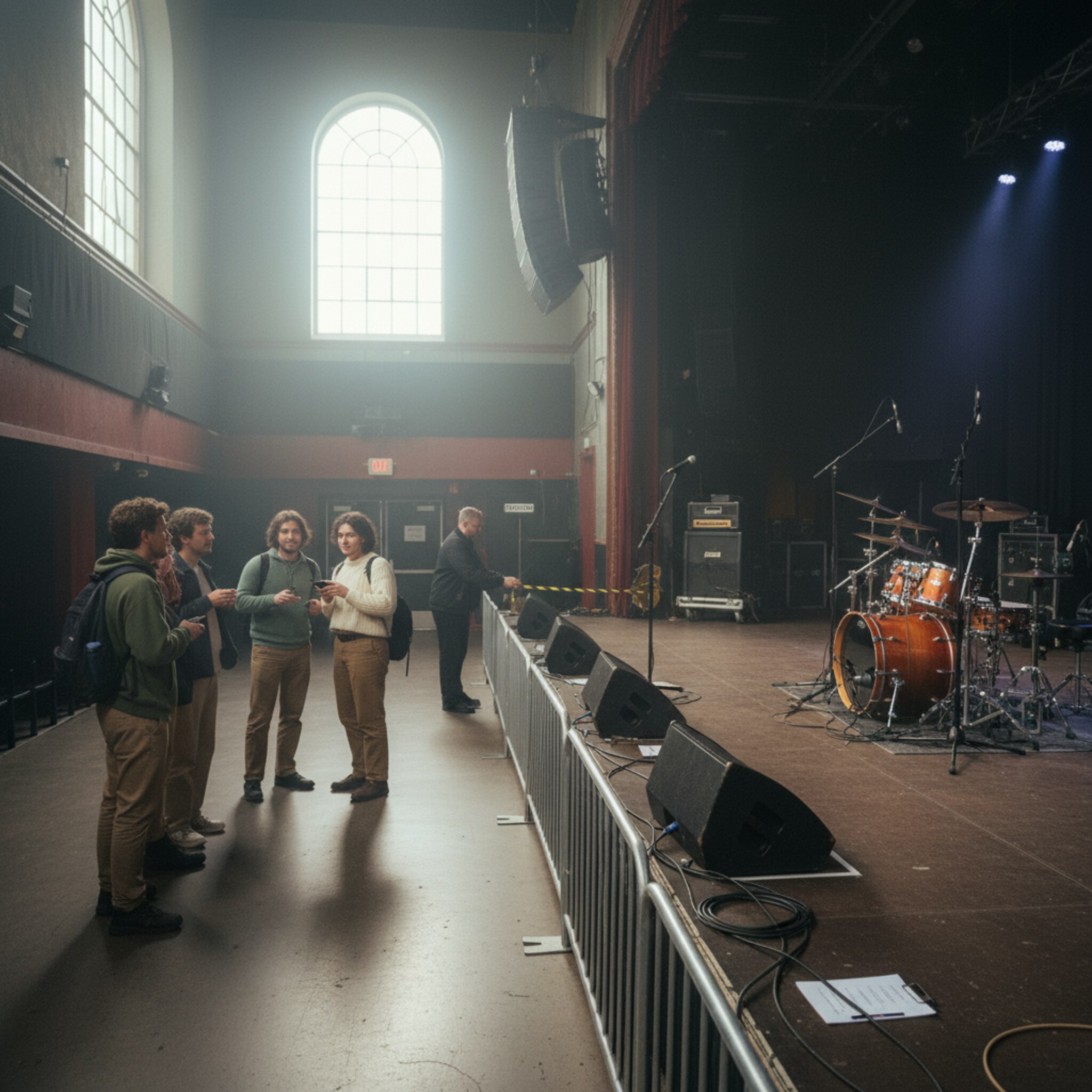 Ein Clubsaal kurz vor Einlass liegt im sanften Licht, die Bühne ist aufgebaut und die Absperrung vor dem Pit glänzt. Erste Fans positionieren sich an der Seite, während ein Mitarbeiter einen reservierten Block markiert. Die Stimmung ist konzentriert, alles wirkt vorbereitet und geordnet.