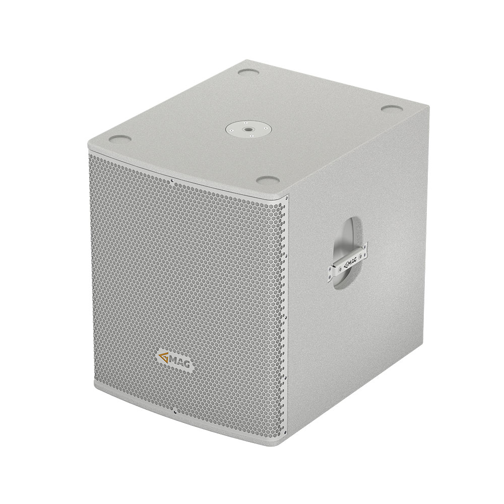 Silver speaker cabinet with a metal grille and handle.