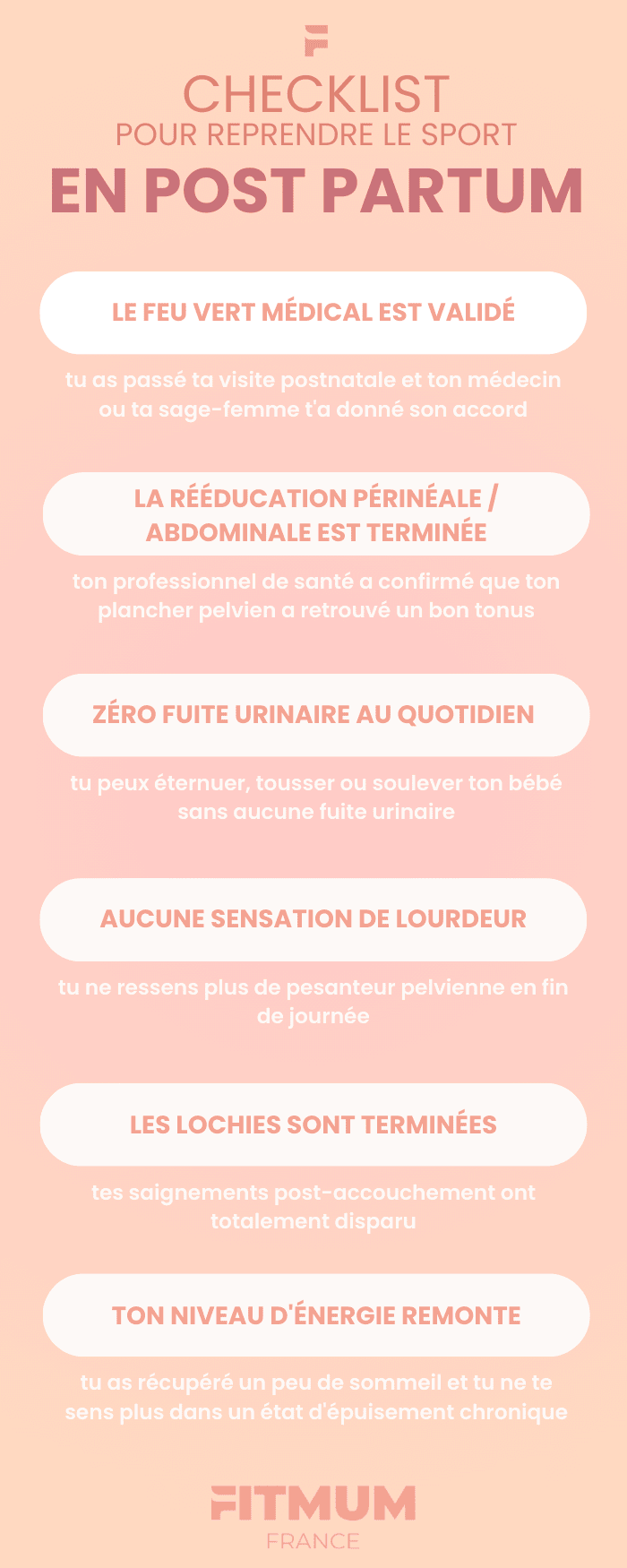 Infographie "Checklist pour reprendre le sport en post partum" de FitMum France, listant les 6 conditions indispensables pour une reprise sécurisée : feu vert médical, rééducation terminée, absence de fuites urinaires, aucune lourdeur pelvienne, lochies terminées et niveau d'énergie remonté.