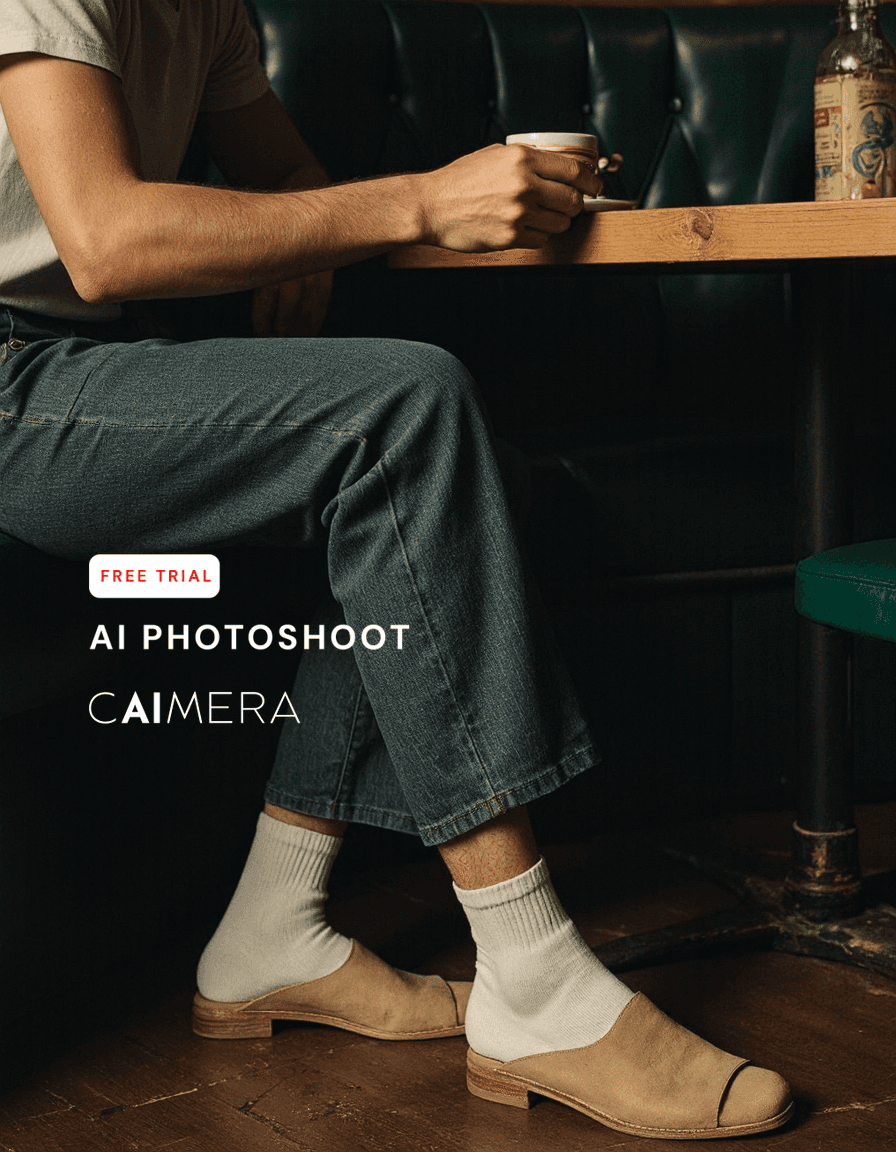 Person in blue jeans and tan loafers with white socks sitting at wooden café table, holding ceramic coffee cup against dark leather booth