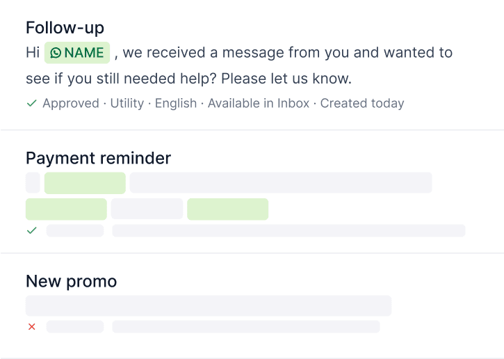 A mobile screen showing various WhatsApp broadcast templates, including 'Follow-up' and 'Payment reminder'