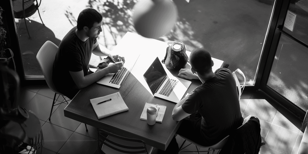 Black and white photo of two people looking at a computer screen with papers on wall