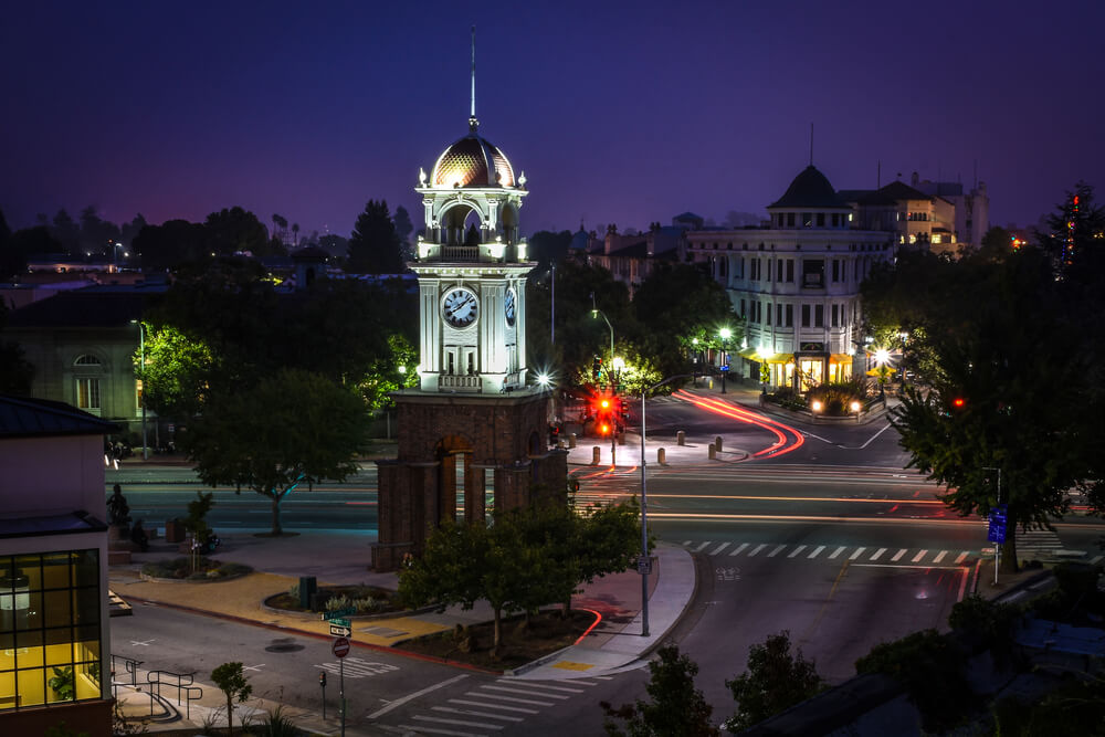 View of downtown Santa Cruz town clock at night