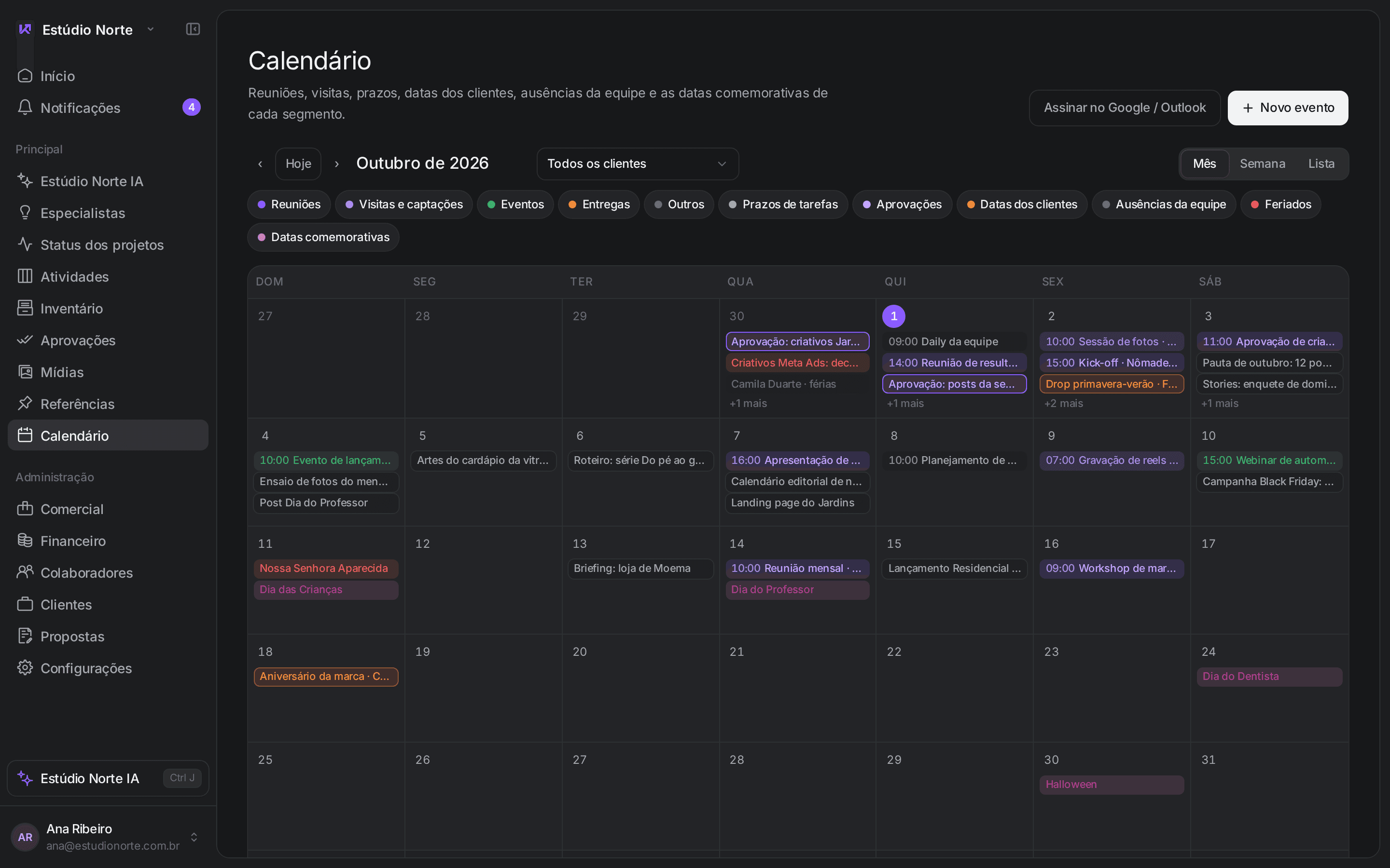 Calendário editorial da agência com entregas, aprovações e datas comemorativas