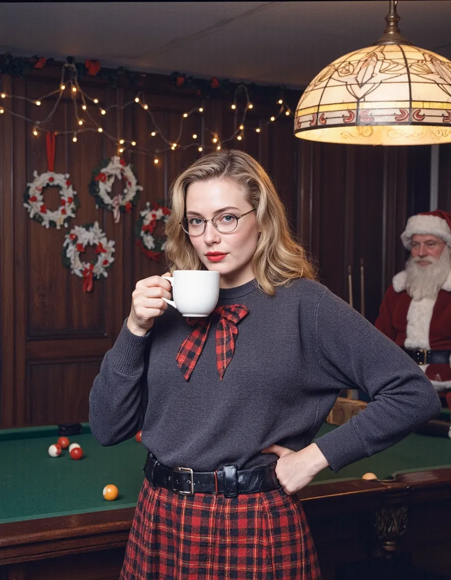 Woman in plaid skirt and sweater holding coffee cup in festive vintage room with Christmas decorations and pool table