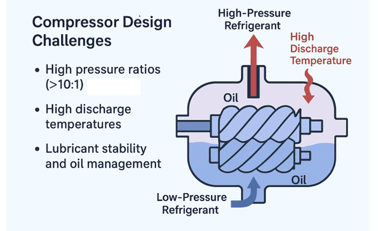 Cutaway view of a screw compressor used in high-temperature heat pumps, highlighting key design challenges like high discharge temperatures, pressure ratios, and oil management.