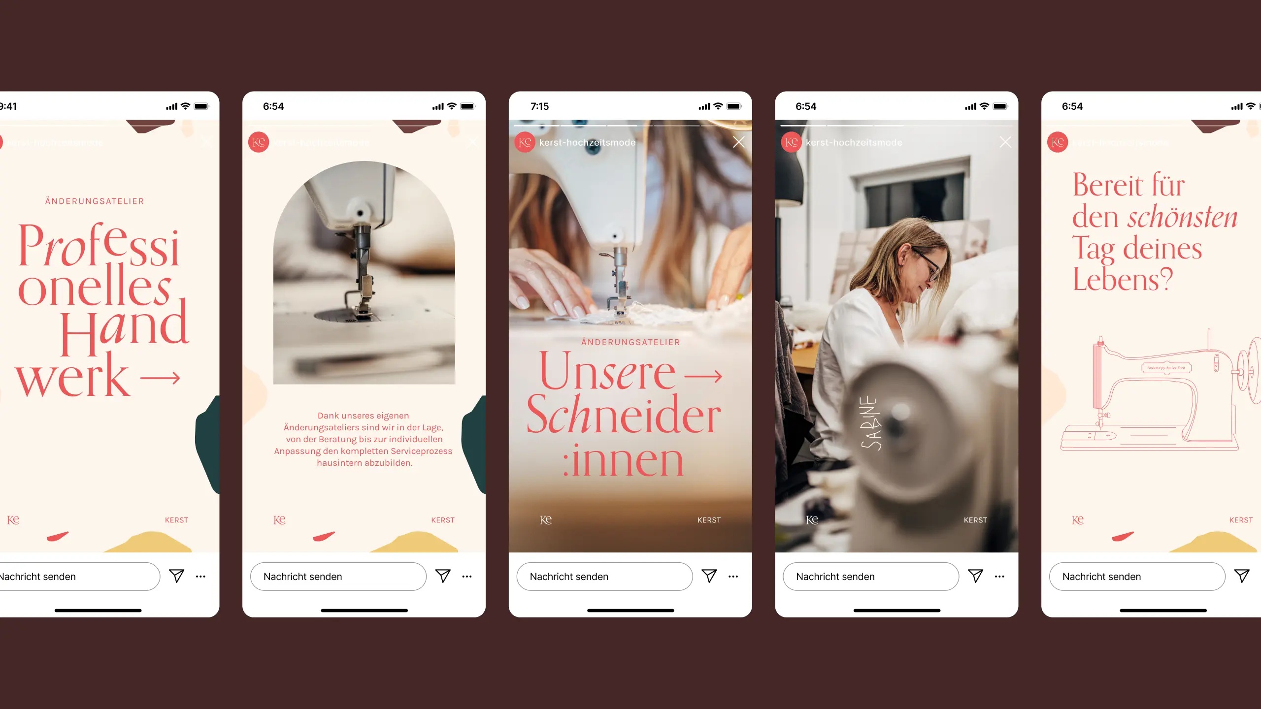 Fünf Instagram-Story-Mockups für das Änderungsatelier von Kerst Hochzeitsmode mit Motiven zu professionellem Handwerk, Schneiderinnen und Beratung vor dem schönsten Tag.