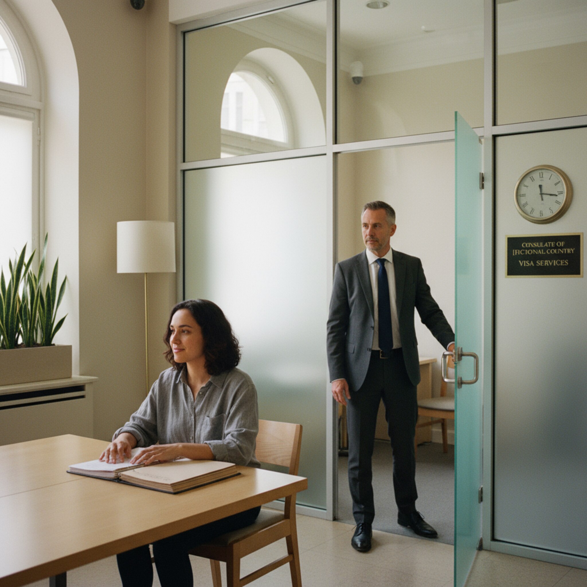 Ein Antragsteller sitzt am Tisch und ordnet sauber seine Unterlagen, während eine Mitarbeiterin die Tür zu einer abgetrennten Kabine öffnet und einladend zur Seite tritt. Auf dem Tisch liegt ein neatly gebundener Dokumentenstapel. Der Raum wirkt ruhig, strukturiert und diskret, bereit für ein geordnetes Gespräch.