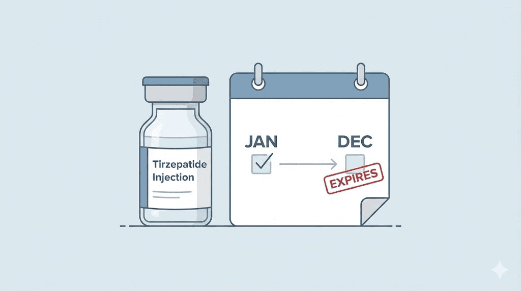 Tirzepatide expiration timeline showing shelf life for different storage conditions
