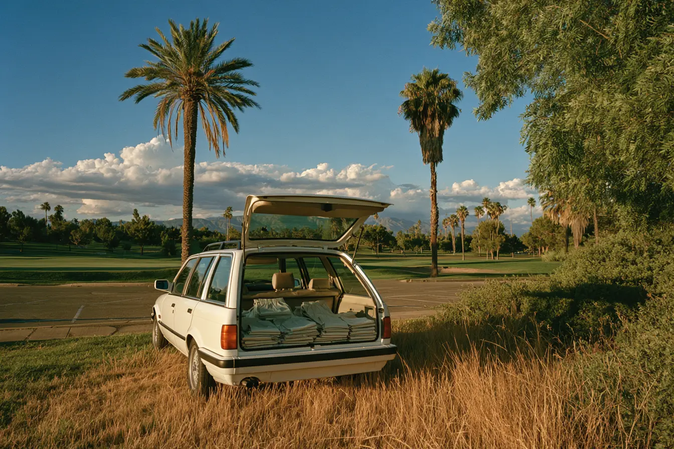 White vintage estate wagon with its tailgate open holding folded apparel, parked by a palm-lined golf course at golden hour, premium lifestyle fashion
