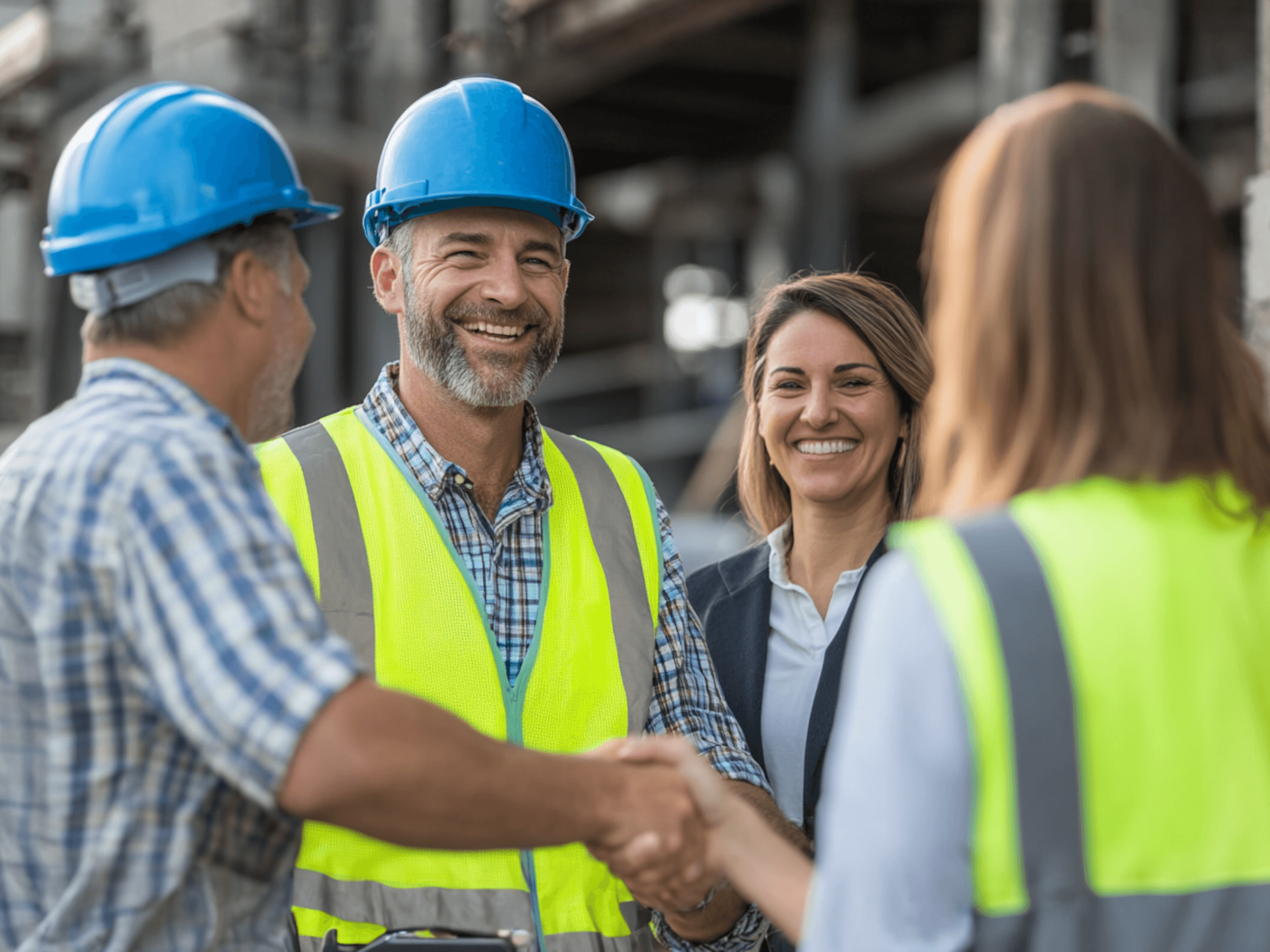 Two construction workers in hard hats shake hands, while a woman in a suit smiles in the background.