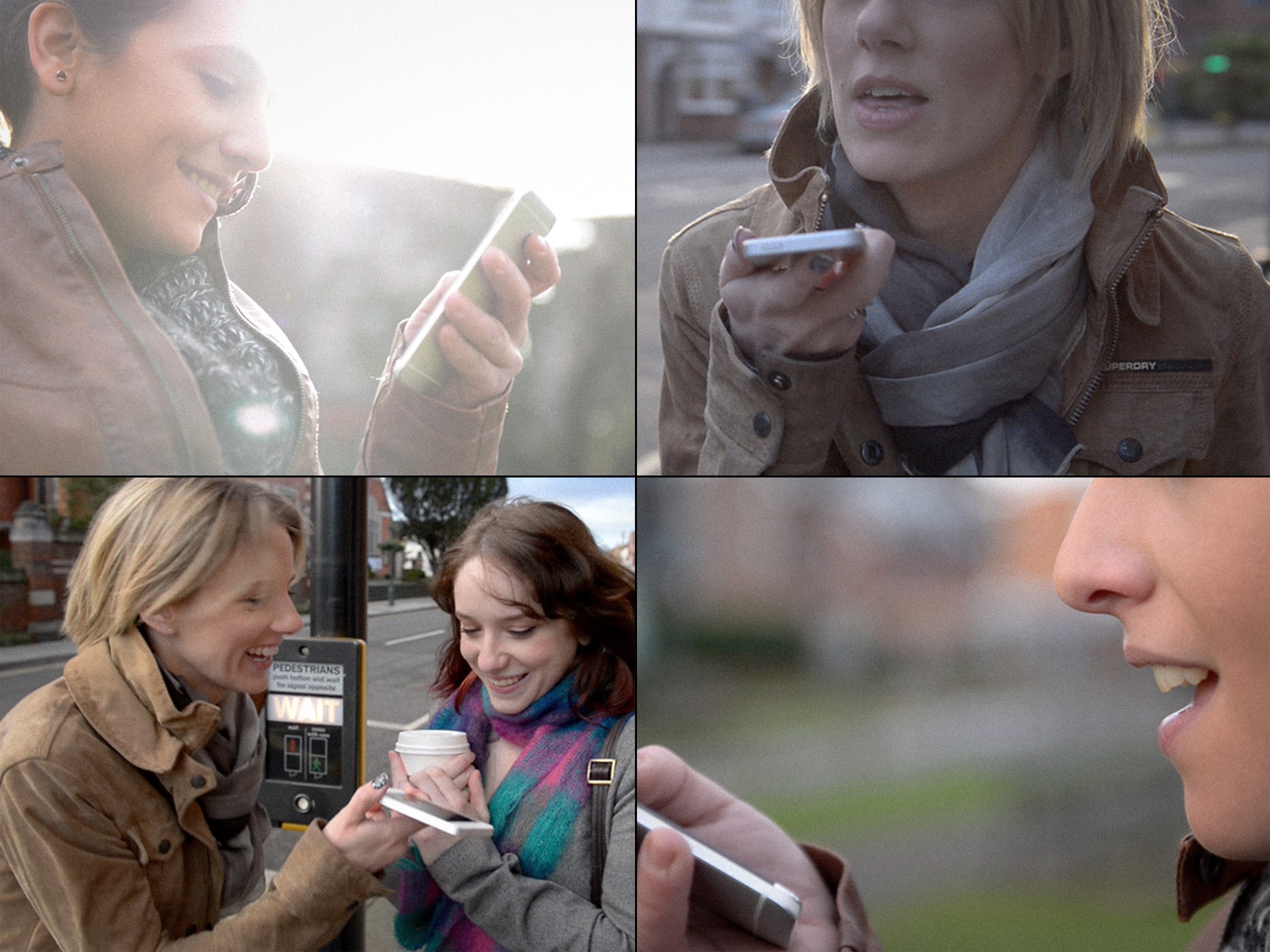 A set of imagens of different womans using the app in the street.