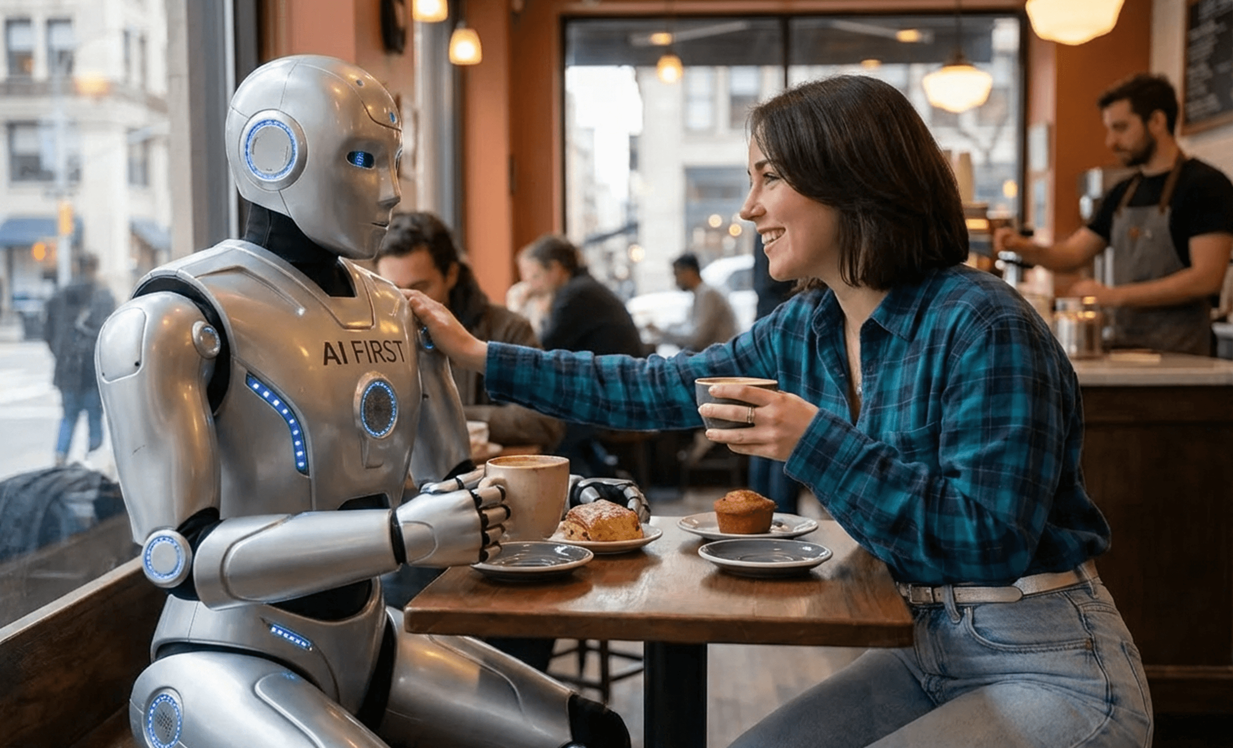 Hannah, a smiling woman with dark brown hair, is reaching across a table in a cafe and placing her hand on the shoulder of a Robot labelled AI FIRST.