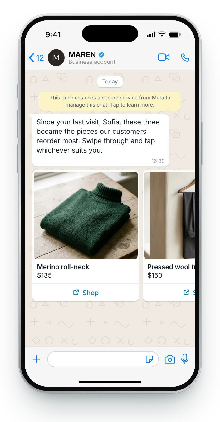 Three most-reordered pieces, swipeable: WhatsApp win-back message on an iPhone