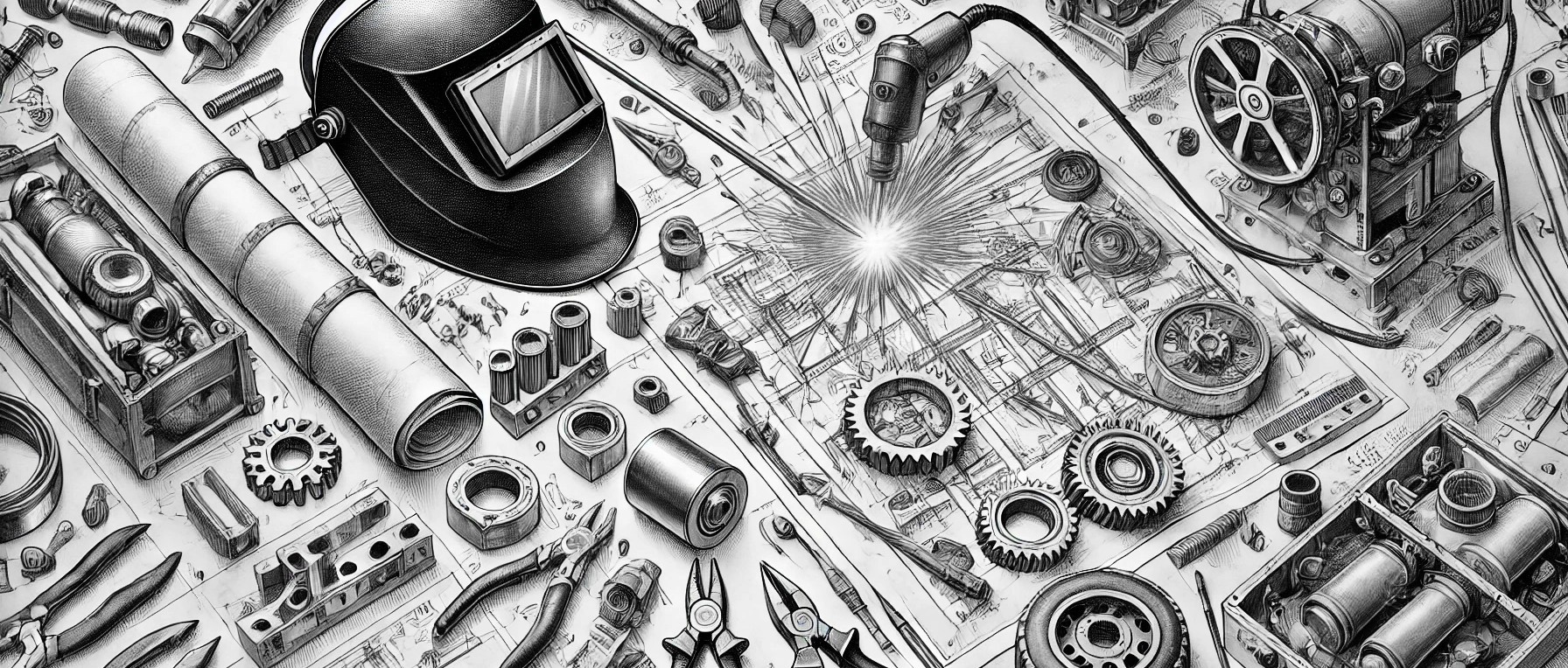 The image depicts a detailed and intricately designed engineering workspace, focusing on various mechanical components, tools, and blueprints. Key elements of the image include:  Mechanical Components:  Gears and Cogs: Several gears and cogs of different sizes are scattered across the workspace, representing the fundamental elements of mechanical engineering. Nuts and Bolts: Various nuts, bolts, and other fasteners are visible, highlighting the assembly aspects of engineering projects. Tools and Equipment:  Cylindrical Tools: Cylindrical tools and components, possibly hydraulic or pneumatic parts, are present, indicating the complexity of the machinery being worked on. Drawing Instruments: Drafting tools such as rulers and measuring devices are included, emphasizing precision in design and measurement. Blueprints and Technical Drawings:  Detailed Sketches: The background is filled with detailed technical drawings and blueprints, suggesting plans and designs for mechanical systems or devices. Schematic Diagrams: These sketches include schematic diagrams, circuit designs, and exploded views of mechanical parts, showcasing thorough planning and documentation. Creative Layout:  Organized Chaos: The workspace appears organized yet busy, with a multitude of components and tools laid out in a manner that suggests active work and creativity. Central Focus: There is a central burst of light or energy, possibly indicating the focal point of an ongoing project or the spark of an idea. Monochrome Aesthetic:  Black and White Theme: The image is rendered in a monochrome or black-and-white color scheme, giving it a classic, technical drawing appearance and emphasizing the intricate details. Additional Elements:  Rolled Blueprints: Rolled-up blueprints and technical documents are placed around the workspace, ready for reference or further planning. Mechanical Assemblies: Partially assembled mechanical devices and components are present, indicating ongoing work and the iterative nature of engineering. Overall, the image provides a rich visual narrative of an engineering workspace, blending detailed mechanical components with technical drawings and tools. The monochrome aesthetic and intricate layout emphasize the precision and complexity involved in mechanical design and engineering projects.