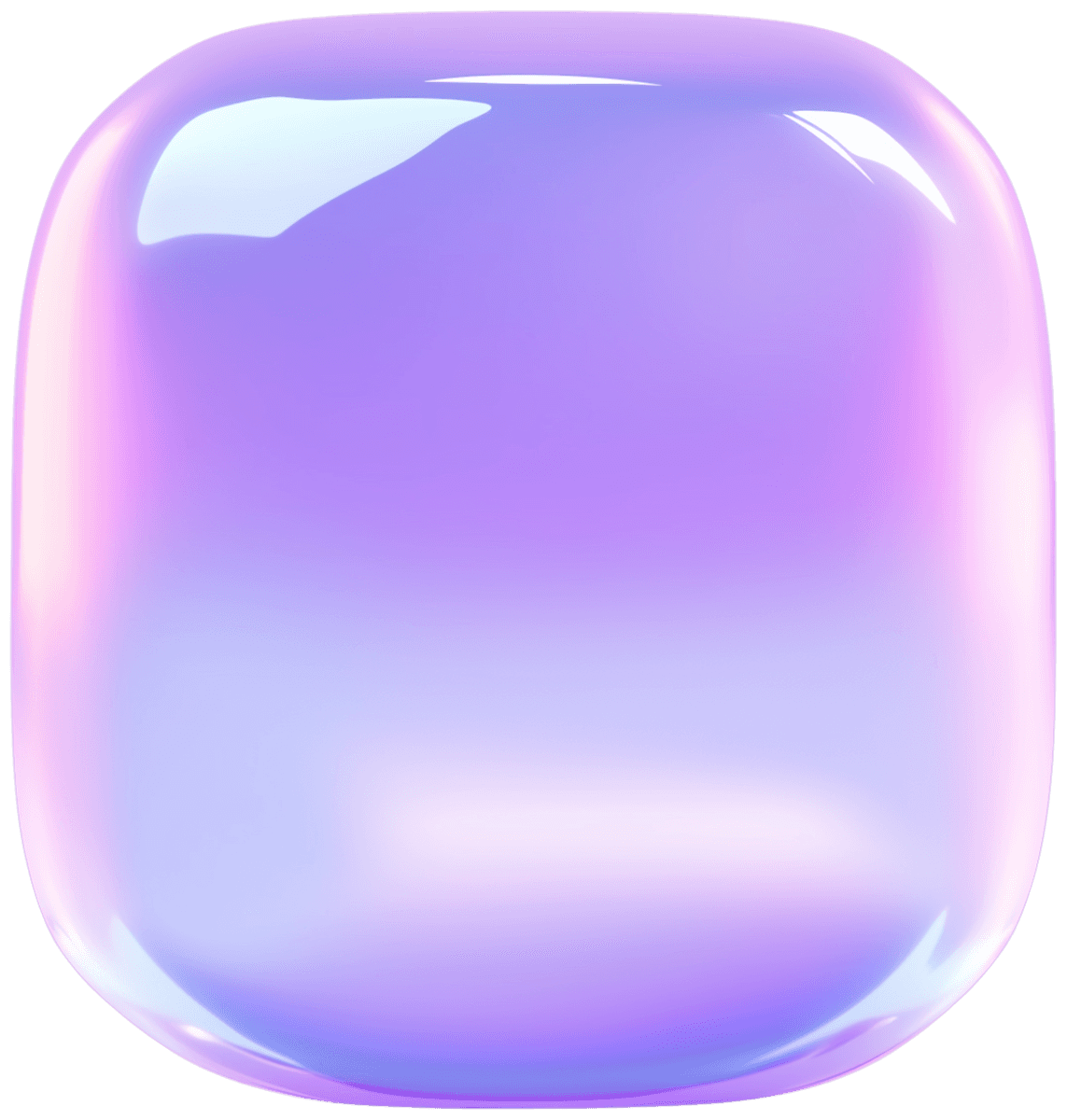 A 3D-rendered rounded square with an iridescent purple and pink gradient, glossy finish, and smooth reflective highlights.