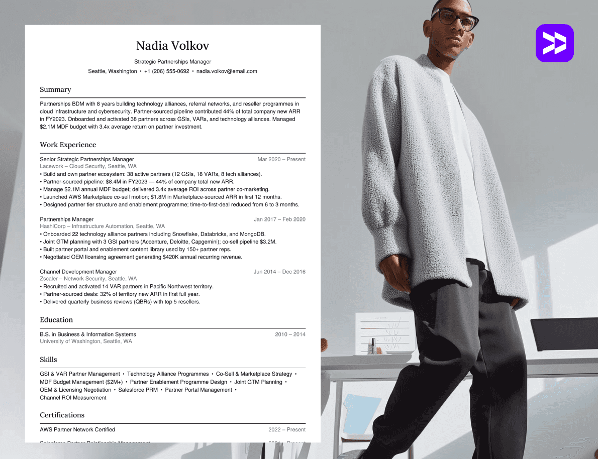 Business development manager CV example in professional office setting