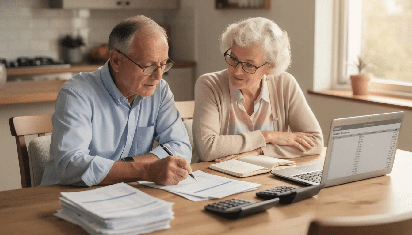 An elderly couple sits at a kitchen table, carefully reviewing financial documents, likely discussing their retirement portfolio and options for guaranteed income streams such as fixed annuities or variable annuities. The atmosphere is focused, reflecting their consideration of how to manage their retirement income effectively.