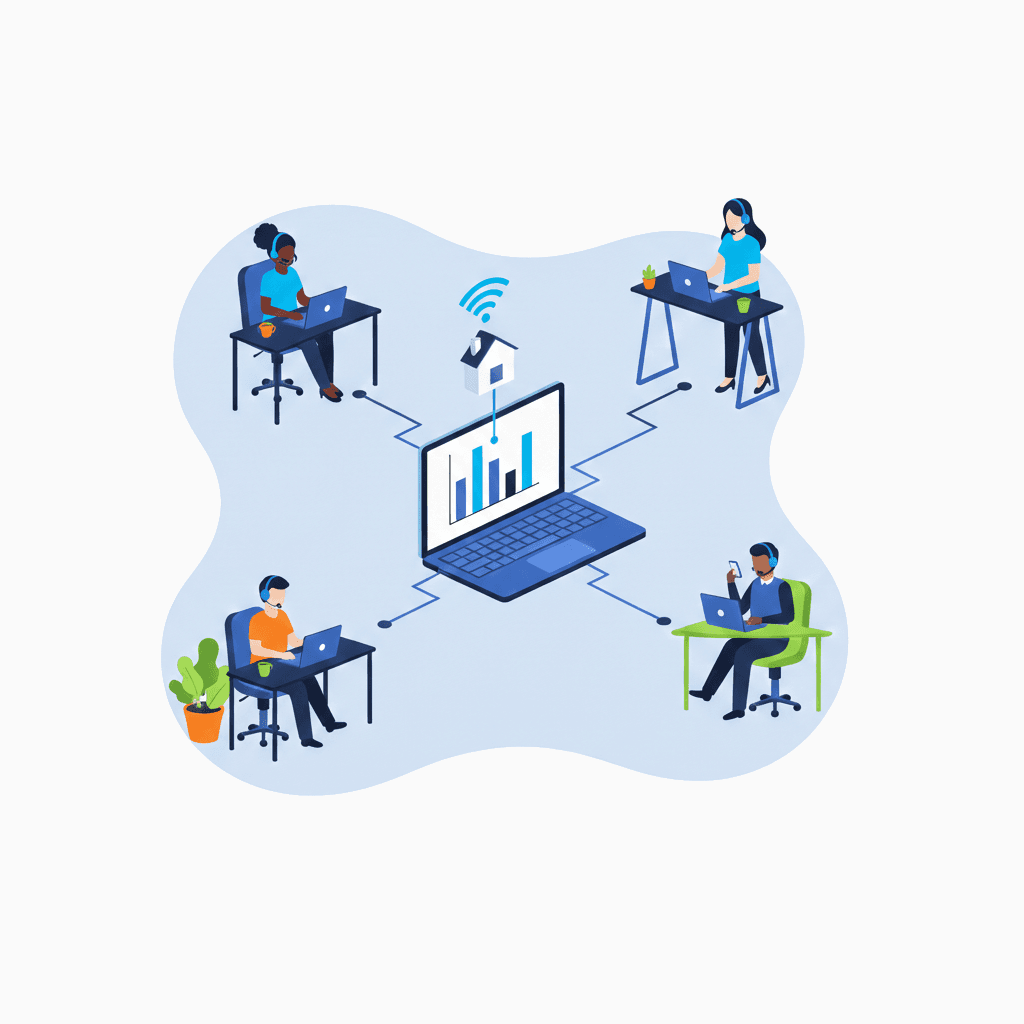 Employees using a laptop to show the system is remote work ready.