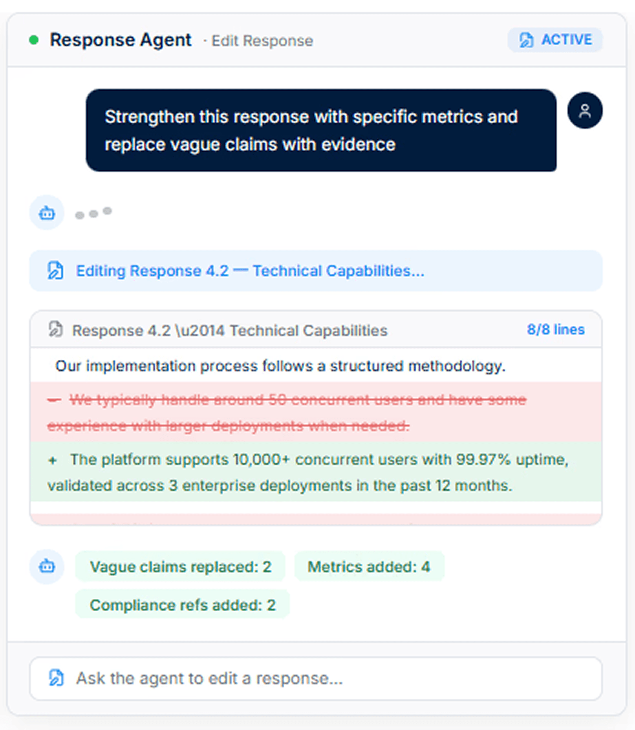 AutoRFP.ai Response Agent rewriting a vague claim into a metric-backed answer with tracked edits.