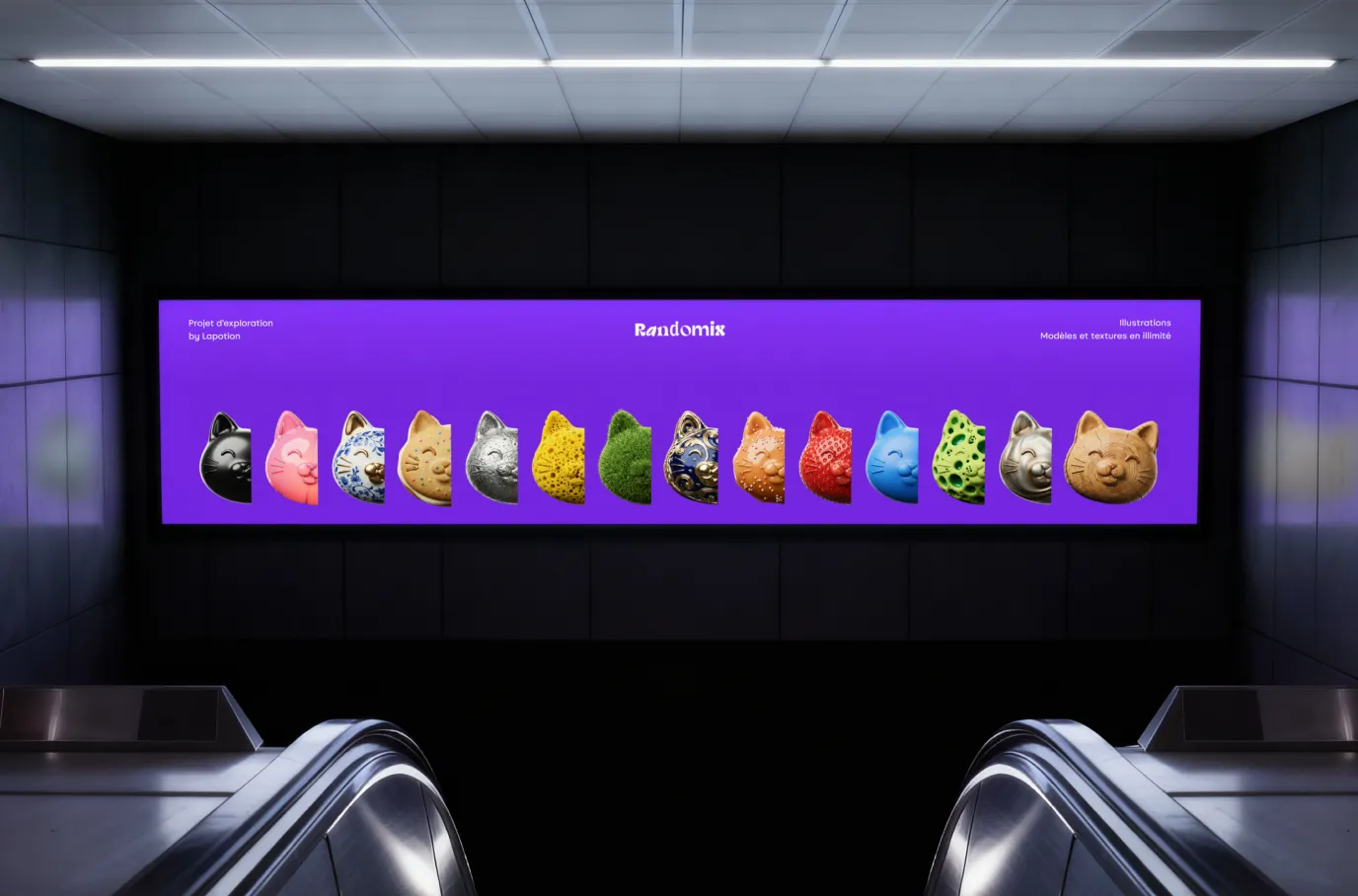 Billboard Randomix déclinant un chat dans différentes matières et textures