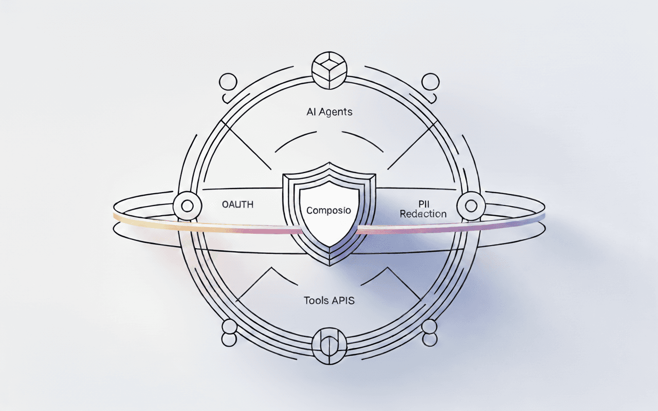 Circular architecture diagram with AI agents at the top, tools and APIs at the bottom, and a central Composio MCP Gateway acting as a shield that enforces OAuth, RBAC, and PII redaction between them.