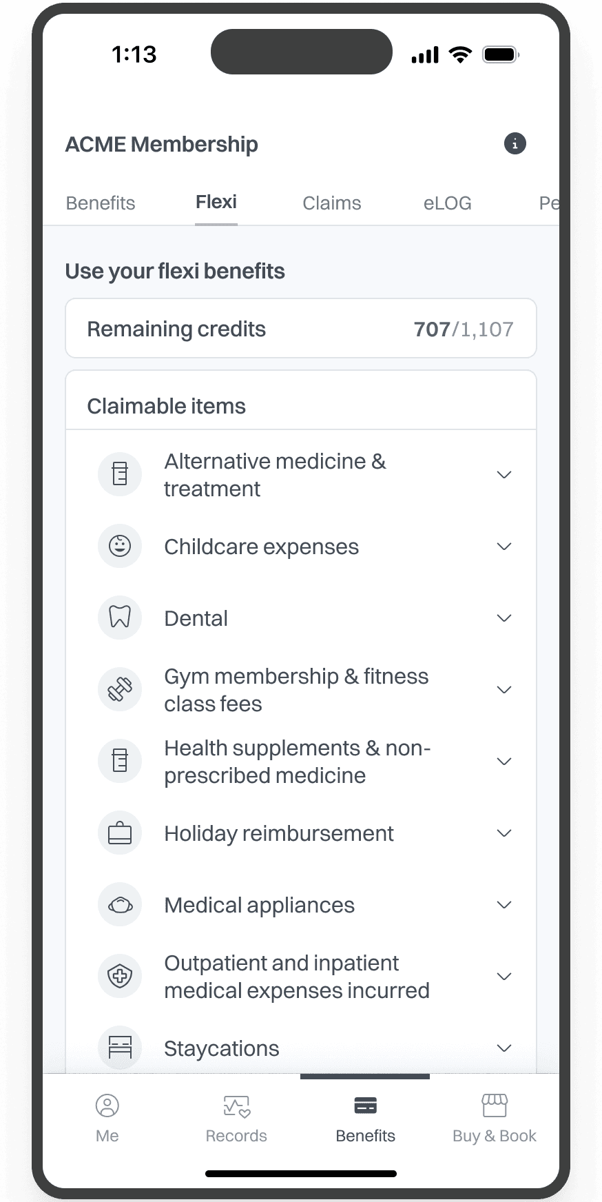 This screen displays the flexi benefits tab of the ACME Membership app. It shows the amount of flexi credits remaining and lists different claimable items like alternative medicine, dental care, gym memberships, and holiday reimbursements.
