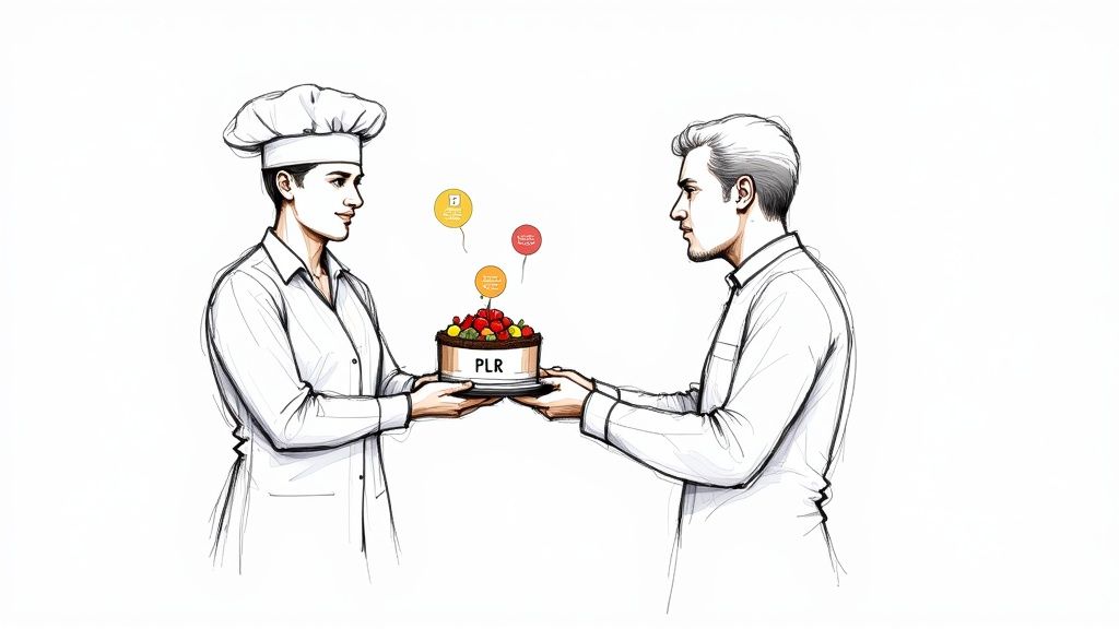 A chef presents a 'PLR' cake with various fruit toppings and thought bubbles to another man, symbolizing content transfer.