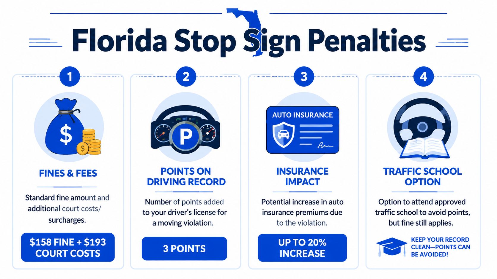 An infographic detailing the penalties for running a stop sign in Florida including fines and points.