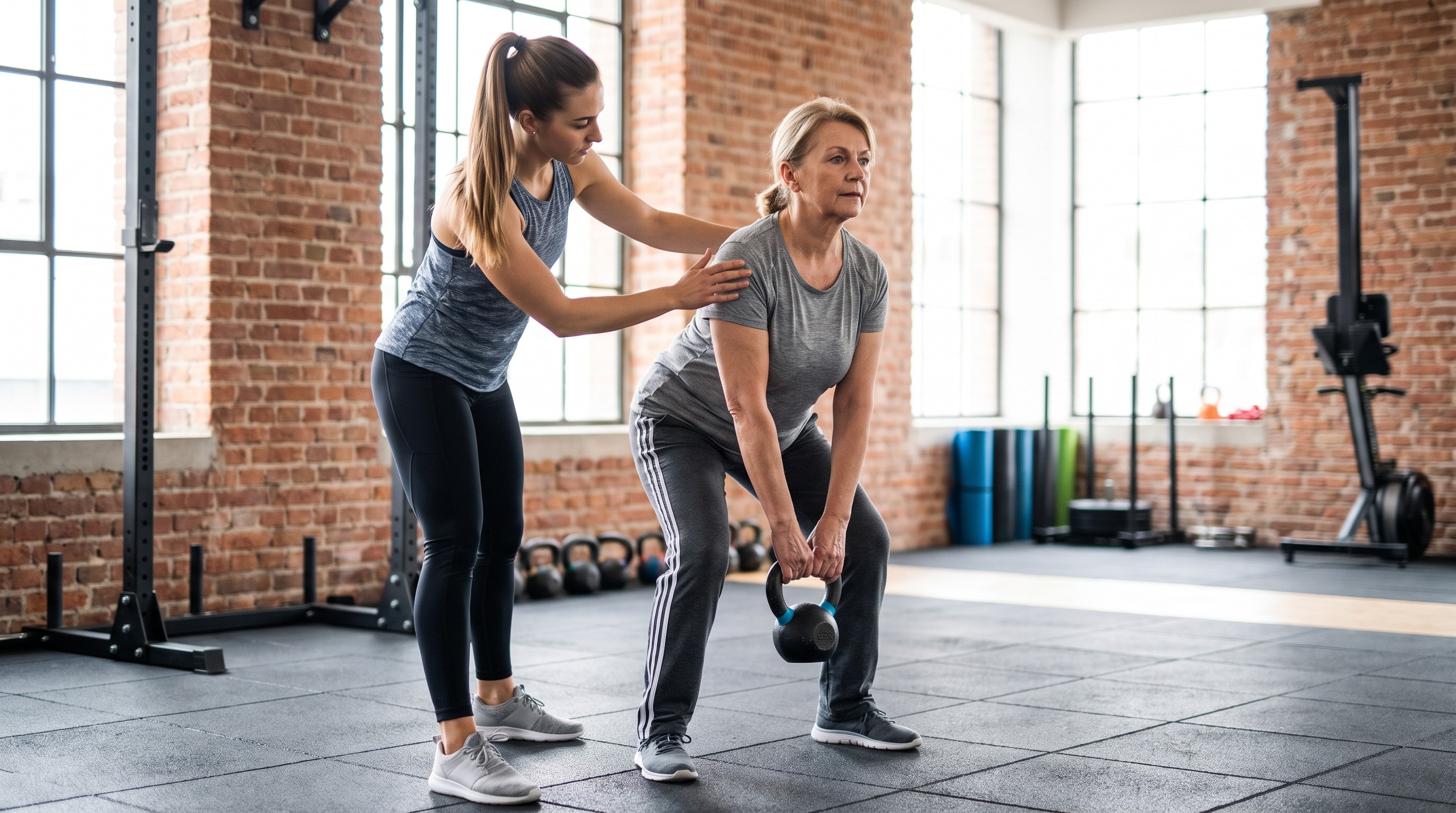 Personal trainer femminile AIF corregge postura cliente durante esercizio funzionale in studio professionale