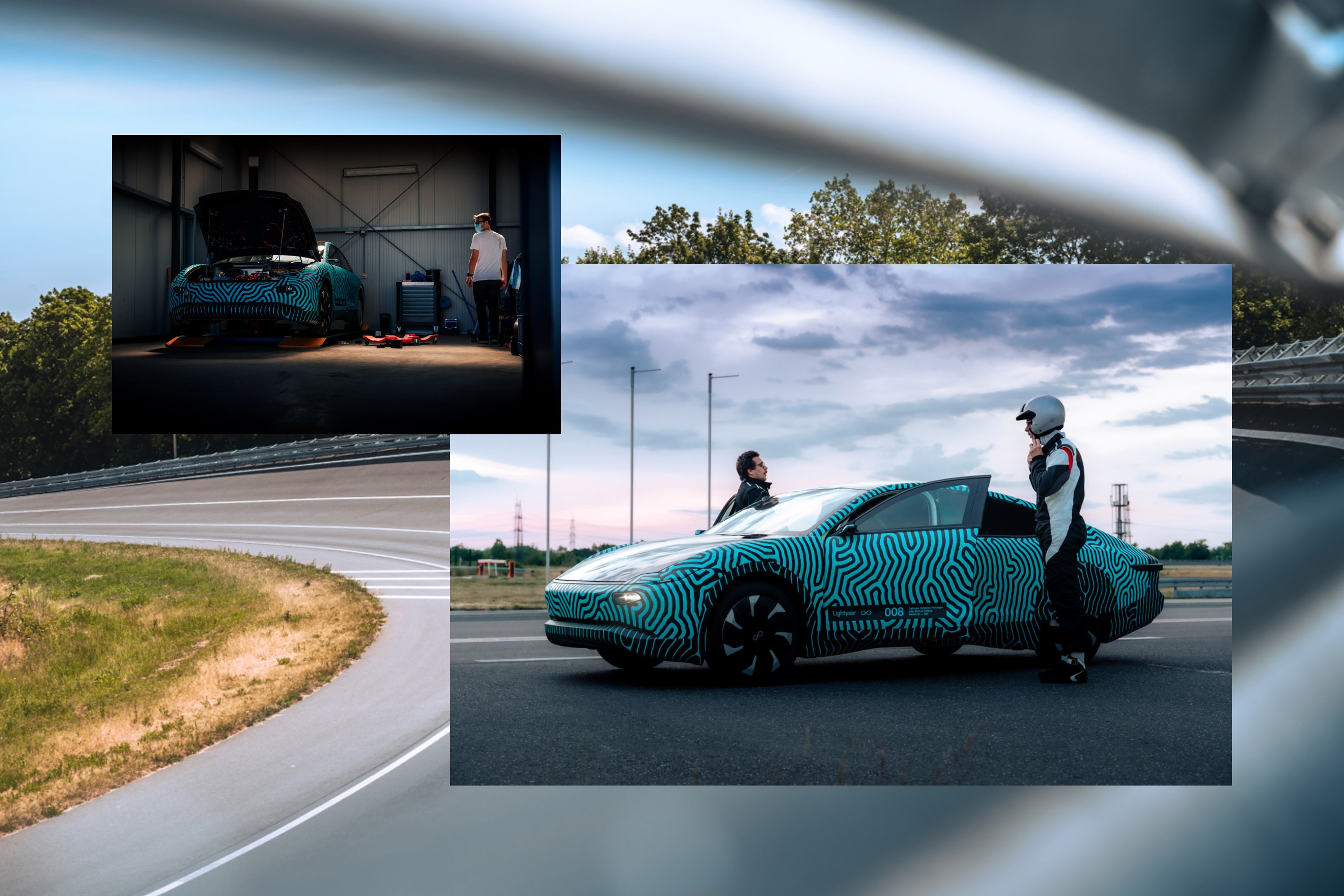 Lightyear 0 validation prototype on a high-speed test track at Aldenhoven, attempting to break the 711-kilometer range record, featuring its sleek, aerodynamic design with unique camouflage pattern.
