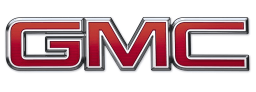 The image displays the bold, red and silver logo of the GMC brand, featuring large, stylized uppercase letters against a transparent background.
