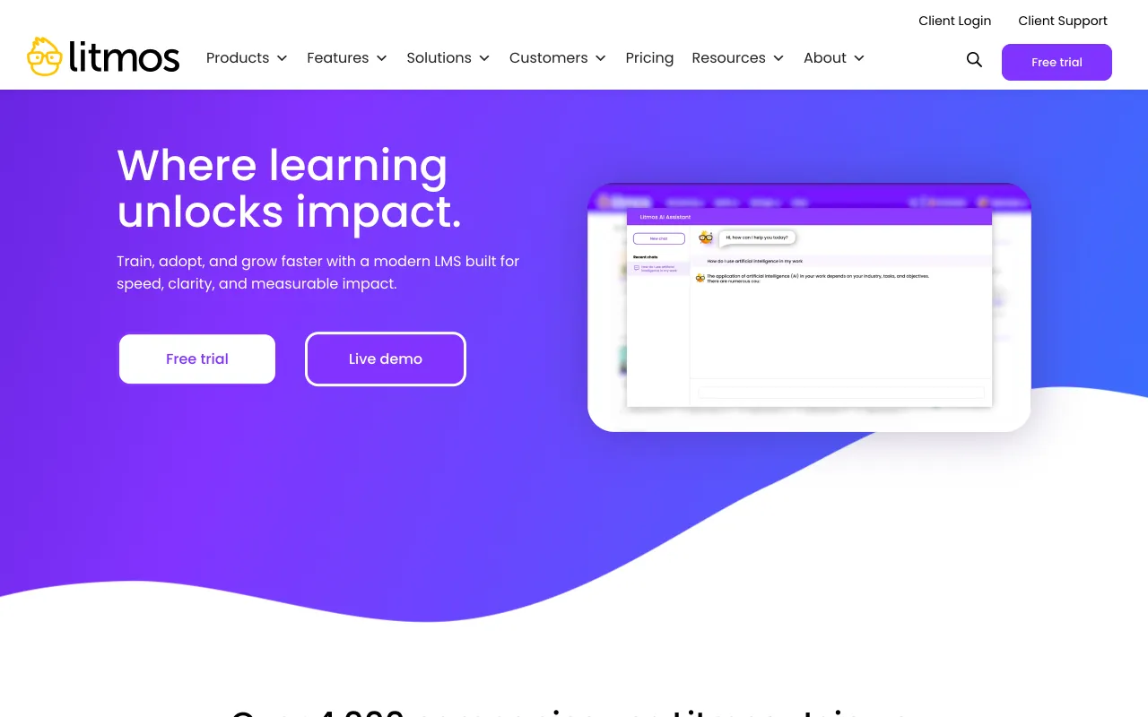 Litmos homepage, modern LMS for learning and sales enablement
