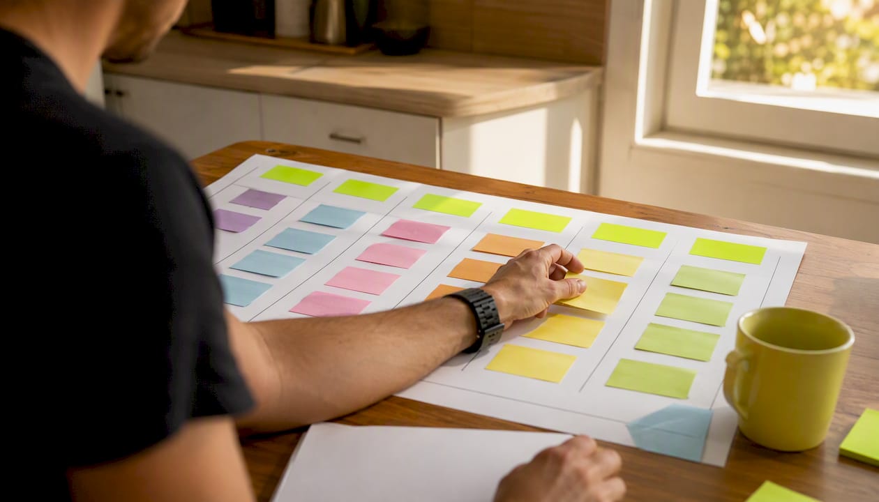 Hand arranging sticky notes in campaign calendar phases