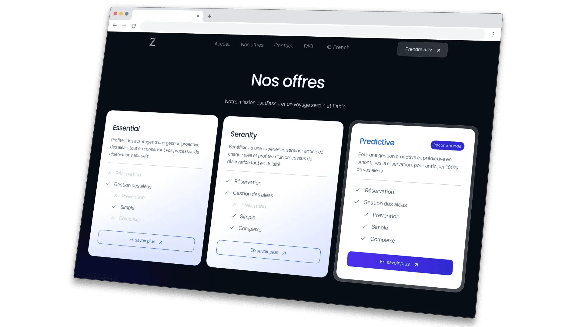 Website affichant trois cartes - Essential, Serenity, Predictive - avec détails et boutons découvrir