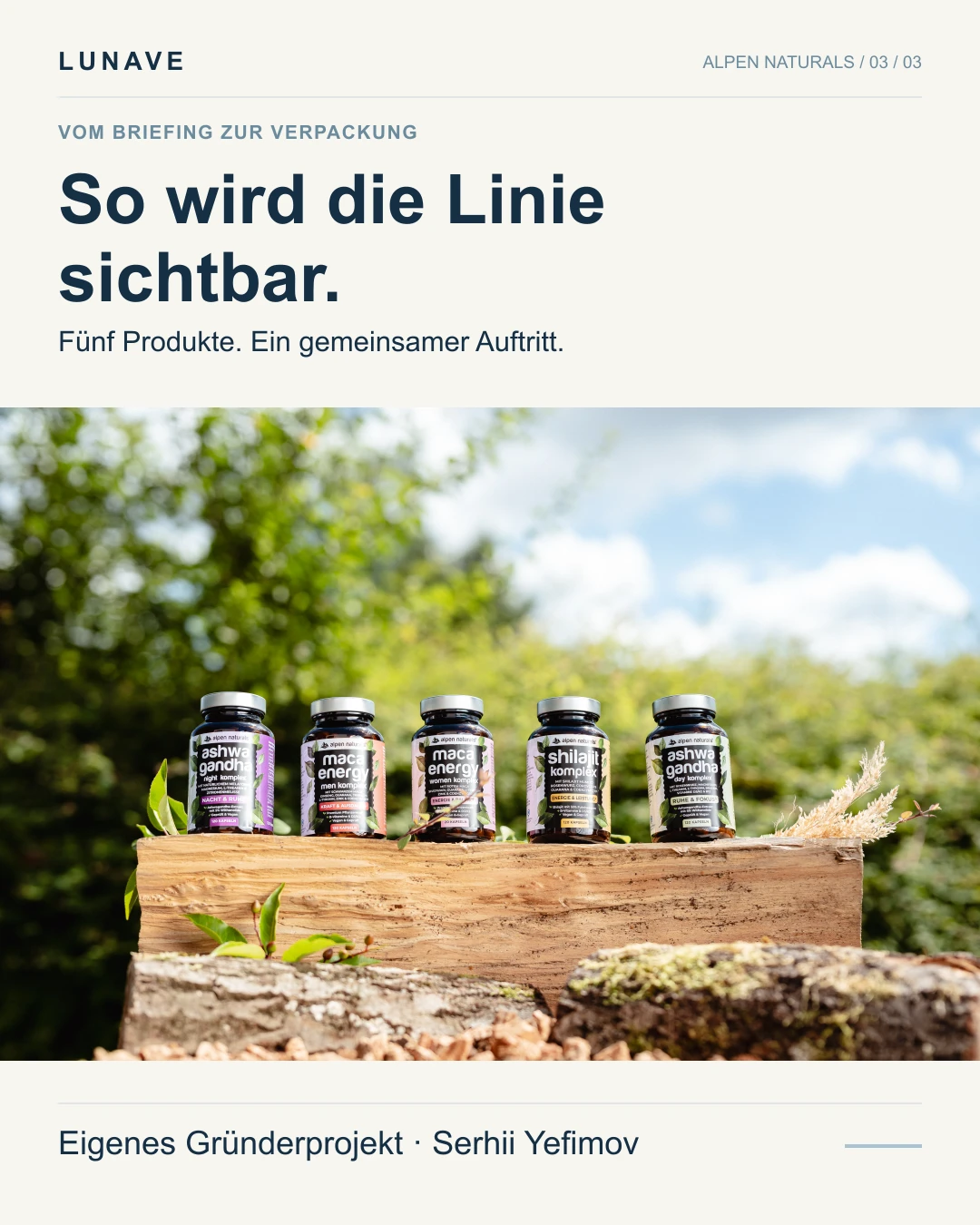 Originalfoto der fünf Alpen-Naturals-Produkte auf einem Holzstamm.