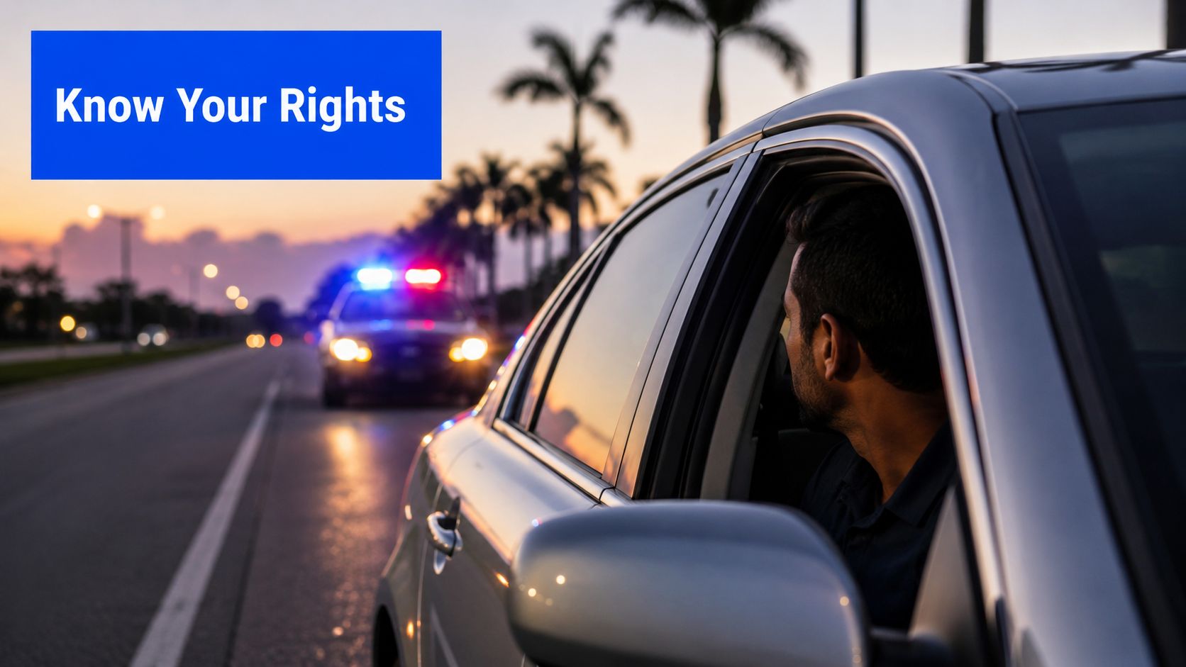 A driver sits in his car during a traffic stop with a police vehicle behind him.