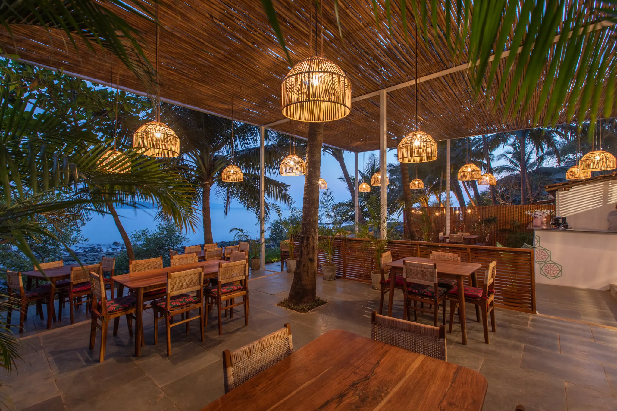 Dusk at Jaali Kitchen's open-air dining room, Casa Jaali